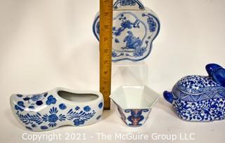 Four (4) Blue and White Hand Painted Porcelain Decorative Items From Thailand and China. {Note: Description Altered 10.14.2021 @ 6:46pm ET} 