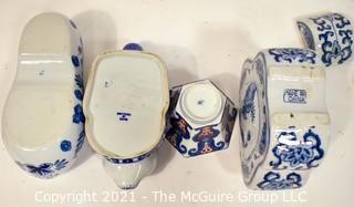 Four (4) Blue and White Hand Painted Porcelain Decorative Items From Thailand and China. {Note: Description Altered 10.14.2021 @ 6:46pm ET} 