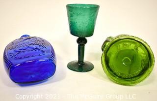 Three (3) Glass Items Including Two Glass Wheaton Bottles and One Hand Blown Wine Glass. 