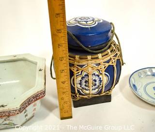 Three Antique (3) Asian Items: Wood Carved Canteen, Porcelain Bonsai Planter with Chopmark and Porcelain Plate. {Note: Description Altered 10.14.2021 @ 6:46pm ET}