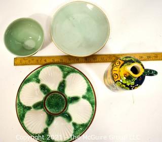 Four (4) Porcelain Serving Items Including Green French Majolica Oyster Plate in Longchamp Pattern, Italian Painted Jug, Woods Ware Beryl Celadon Sage Green Cup and Asian Celadon Plate with Wax Seal Certifying as Antique {Note: Description Altered 10.14.2021 @ 6:46pm ET}
