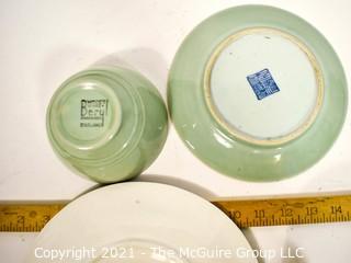 Four (4) Porcelain Serving Items Including Green French Majolica Oyster Plate in Longchamp Pattern, Italian Painted Jug, Woods Ware Beryl Celadon Sage Green Cup and Asian Celadon Plate with Wax Seal Certifying as Antique {Note: Description Altered 10.14.2021 @ 6:46pm ET}
