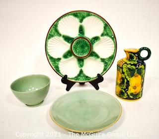 Four (4) Porcelain Serving Items Including Green French Majolica Oyster Plate in Longchamp Pattern, Italian Painted Jug, Woods Ware Beryl Celadon Sage Green Cup and Asian Celadon Plate with Wax Seal Certifying as Antique {Note: Description Altered 10.14.2021 @ 6:46pm ET}
