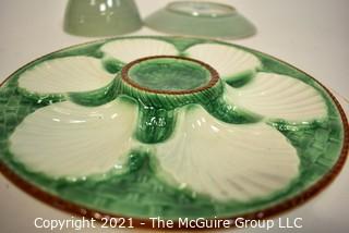 Four (4) Porcelain Serving Items Including Green French Majolica Oyster Plate in Longchamp Pattern, Italian Painted Jug, Woods Ware Beryl Celadon Sage Green Cup and Asian Celadon Plate with Wax Seal Certifying as Antique {Note: Description Altered 10.14.2021 @ 6:46pm ET}
