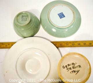 Four (4) Porcelain Serving Items Including Green French Majolica Oyster Plate in Longchamp Pattern, Italian Painted Jug, Woods Ware Beryl Celadon Sage Green Cup and Asian Celadon Plate with Wax Seal Certifying as Antique {Note: Description Altered 10.14.2021 @ 6:46pm ET}
