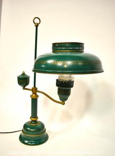 Vintage Green Metal Tole Painted Bouillotte Table Lamp