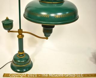 Vintage Green Metal Tole Painted Bouillotte Table Lamp