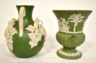 Two (2) Small Decorative Pieces of Wedgwood Porcelain Sage Green Jasperware - Urn and Pitcher.  They Measure 4" tall. 