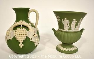 Two (2) Small Decorative Pieces of Wedgwood Porcelain Sage Green Jasperware - Urn and Pitcher.  They Measure 4" tall. 