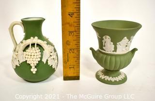 Two (2) Small Decorative Pieces of Wedgwood Porcelain Sage Green Jasperware - Urn and Pitcher.  They Measure 4" tall. 