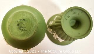 Two (2) Small Decorative Pieces of Wedgwood Porcelain Sage Green Jasperware - Urn and Pitcher.  They Measure 4" tall. 