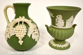 Two (2) Small Decorative Pieces of Wedgwood Porcelain Sage Green Jasperware - Urn and Pitcher.  They Measure 4" tall. 