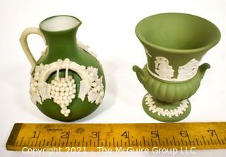 Two (2) Small Decorative Pieces of Wedgwood Porcelain Sage Green Jasperware - Urn and Pitcher.  They Measure 4" tall. 