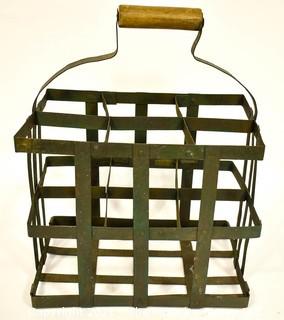 Primitive French Wine Bottle Carrier, Holds Six Bottles. Measures 16" tall, 12" wide & 8" deep. {Note: Description Altered 10.14.2021 @ 6:46pm ET}