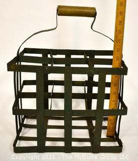 Primitive French Wine Bottle Carrier, Holds Six Bottles. Measures 16" tall, 12" wide & 8" deep. {Note: Description Altered 10.14.2021 @ 6:46pm ET}