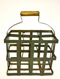 Primitive French Wine Bottle Carrier, Holds Six Bottles. Measures 16" tall, 12" wide & 8" deep. {Note: Description Altered 10.14.2021 @ 6:46pm ET}