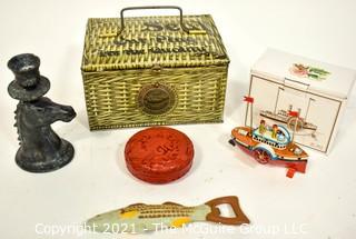 Patterson's Seal Cut Plug Tobacco Tin, Primitive Metal Horse Candlestick, Fish Bottle Opener, Cinnabar Box and Tin Litho Steamboat Ornament in Box. 
