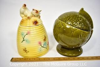 Two (2) Vintage Pottery Cookie Jars:  Green Globe and Kitten on a Beehive Made in USA.  They measure 11" tall.