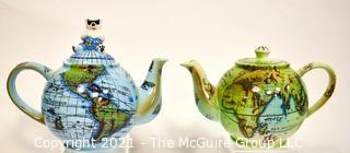 Two (2) Porcelain World Globe Teapots Made by  By Paul Cardew England,