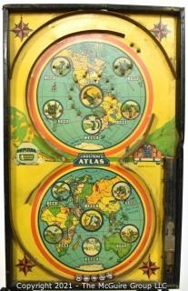 Antique Lindstrom Atlas Bagatelle or Pinball Game Made by Lindstrom Toy & Tool Company of Bridgeport, Connecticut. Double circle play with maps of the world top and bottom It measures 14” x 24” . 