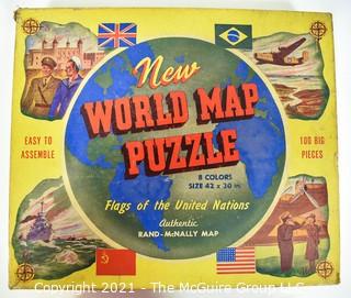 Vintage 1943 WWII Rand-McNally New World Map Puzzle, Flags of the United Nations. 