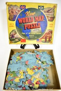 Vintage 1943 WWII Rand-McNally New World Map Puzzle, Flags of the United Nations. 