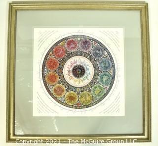 Framed Under Glass 1981 Roundel of the Seasons Zodiac Print by Sheila Waters.  Measures 24" Square. 