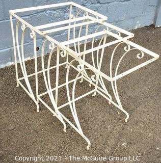 Vintage Set of Three (3) White Wrought Iron Nesting Tables Missing Tops. 