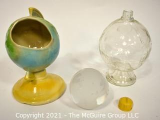 Vintage Shawnee Pottery Globe Planter, Glass Globe Jar and Crystal Globe Paperweight. 