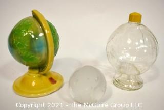 Vintage Shawnee Pottery Globe Planter, Glass Globe Jar and Crystal Globe Paperweight. 