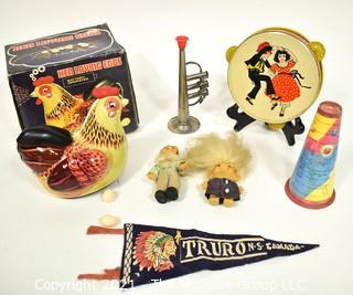 Group of Vintage Toys Including Mechanical Hen Laying Eggs with Original Box.
