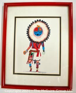 Framed Under Glass Hopi 1997 TAWA Sun Kachina Signed by Artist Robert Duree Brown.  Measures 12" x 15".