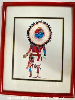 Framed Under Glass Hopi 1997 TAWA Sun Kachina Signed by Artist Robert Duree Brown.  Measures 12" x 15".