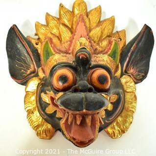 Bali or Indonesian Carved Wooden Dragon Mask. Measures 9" x 9" x 4".