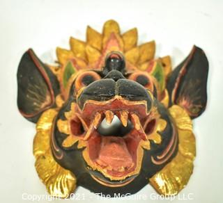 Bali or Indonesian Carved Wooden Dragon Mask. Measures 9" x 9" x 4".