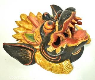 Bali or Indonesian Carved Wooden Dragon Mask. Measures 9" x 9" x 4".