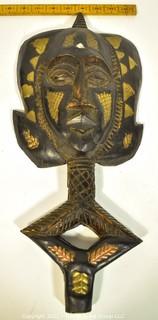 Hand Carved and Gilt Painted Tribal Mask with Handle Base. African. Ethnographic. Measures 19" x 9"