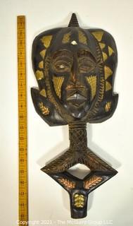 Hand Carved and Gilt Painted Tribal Mask with Handle Base. African. Ethnographic. Measures 19" x 9"