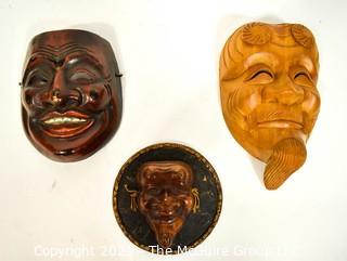 Three (3) Asian Style Carved Wooden Masks, Ethnographic. 