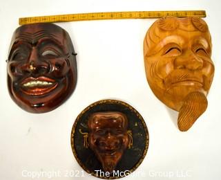 Three (3) Asian Style Carved Wooden Masks, Ethnographic. 