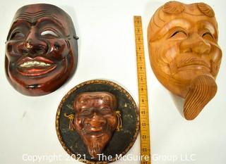 Three (3) Asian Style Carved Wooden Masks, Ethnographic. 