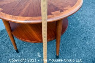 Vintage Mid Century Modern Lane Acclaim Drum Table Designed by Andre Bus. Scratch on top.  Measures 28″D x 21″T.