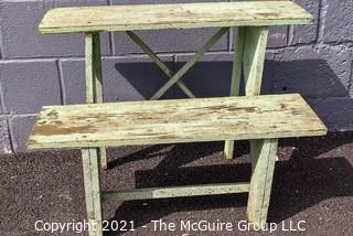 Vintage Primitive Weathered Green Painted Tiered Garden Bench. 