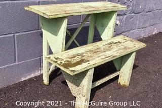 Vintage Primitive Weathered Green Painted Tiered Garden Bench. 