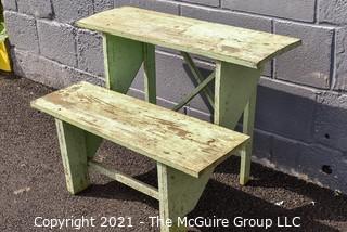 Vintage Primitive Weathered Green Painted Tiered Garden Bench. 