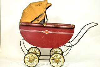 Vintage Red with Leather Hood South Bend Toy Wooden Baby Doll Carriage