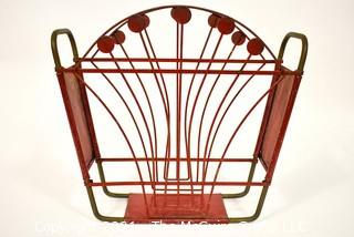 Vintage Art Deco Red Painted Cast Iron Magazine Rack.  Measures 5" x 14" x 15".