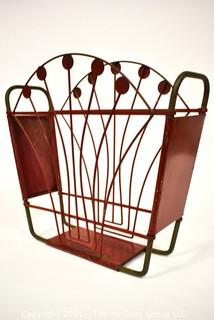 Vintage Art Deco Red Painted Cast Iron Magazine Rack.  Measures 5" x 14" x 15".