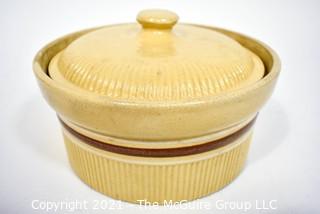 Vintage Hull Yellow Ware Covered Pottery Crock or Casserole.  Measures 7" in diameter.