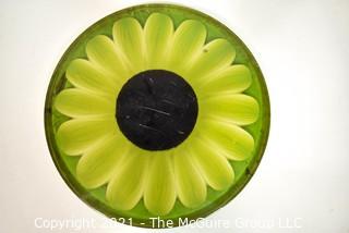 Mid Century Modern Lucite or Acrylic Large Green Sunflower Made by New Designs Inc, 1969.  It measures 16"D x 1" thick. 